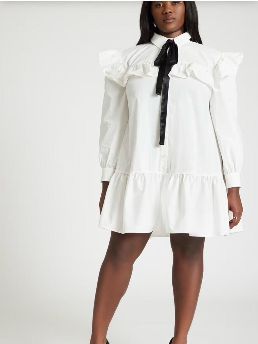 Eloquii White Ruffle Shirt Dress Black Velvet Ribbon 18 Victorian Dark Academia